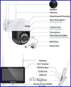 ZOSI 2K Wireless CCTV Camera System Outdoor with 12.5'' Monitor 2 Way Audio 1TB
